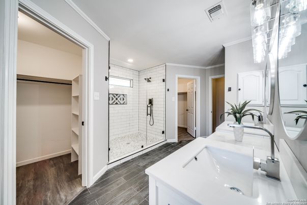 Bathroom, Glass Shower, Interior, Recessed Lighting, Wood Texture Flooring