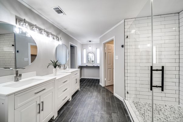 Bathroom, Dual Sink Vanities, Glass Shower, Interior, Wood Texture Flooring