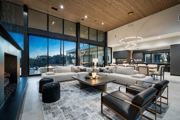 Dining room, Fireplace, Interior, Living room, Pendant Lights, Recessed Lighting, Wooden Ceilings