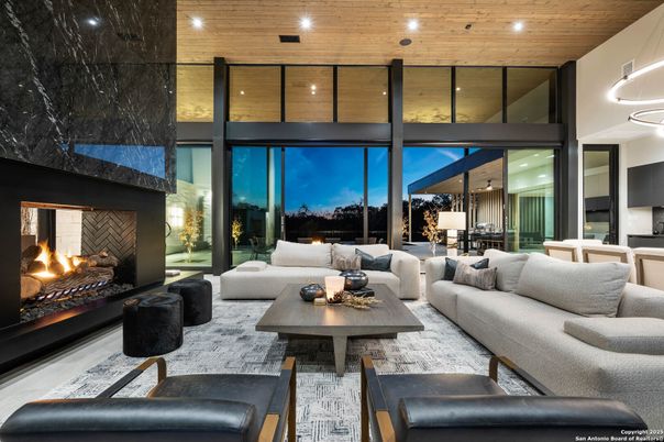 Dining room, Fireplace, Interior, Living room, Pendant Lights, Recessed Lighting, Wooden Ceilings