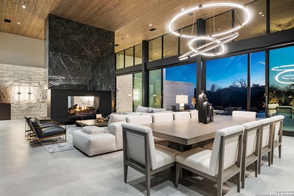 Dining room, Fireplace, Interior, Living room, Pendant Lights, Recessed Lighting, Wooden Ceilings