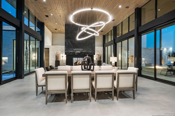 Dining room, Fireplace, Interior, Pendant Lights, Recessed Lighting, Wooden Ceilings