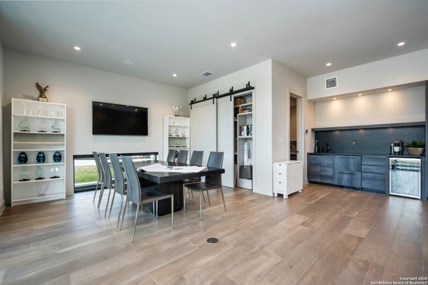 Dining room, Interior, Recessed Lighting, Wood Texture Flooring
