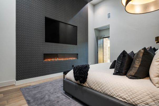 Bedroom, Fireplace, Interior, Wood Texture Flooring