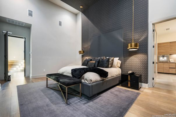 Bedroom, Interior, Pendant Lights, Wood Texture Flooring