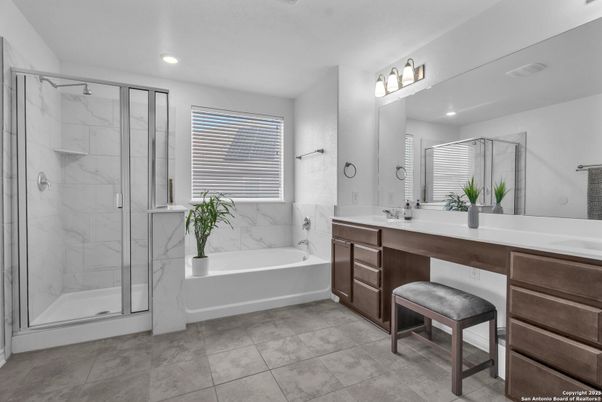 Bathroom, Dual Sink Vanities, Glass Shower, Interior, Marble Walls, Recessed Lighting