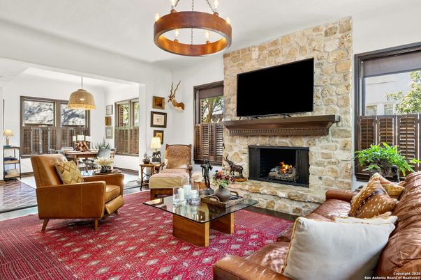 Dining room, Fireplace, Interior, Living room, Pendant Lights, Stone Walls