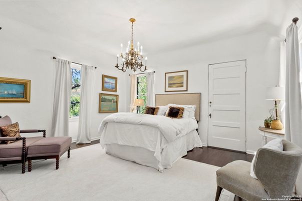 Bedroom, Chandelier, Interior, Wood Texture Flooring