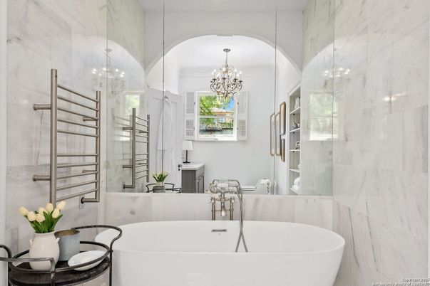 Bathroom, Chandelier, Free Standing Baths, Glass Shower, Interior, Marble Walls