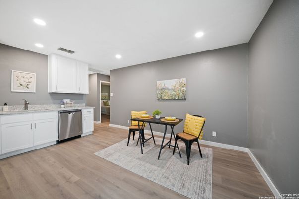 Dining room, Interior, Kitchen, Recessed Lighting, Stainless Steel Appliances, Wood Texture Flooring