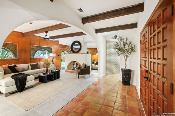Fireplace, Interior, Living room, Recessed Lighting, Wooden Beams, Wooden Walls