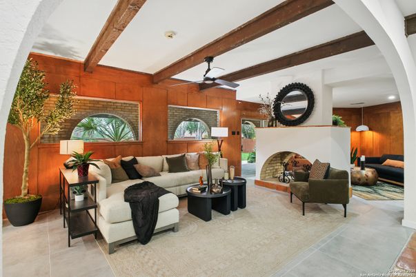 Fireplace, Interior, Living room, Recessed Lighting, Wooden Beams, Wooden Walls