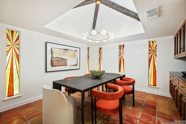Chandelier, Dining room, Interior, Wooden Beams