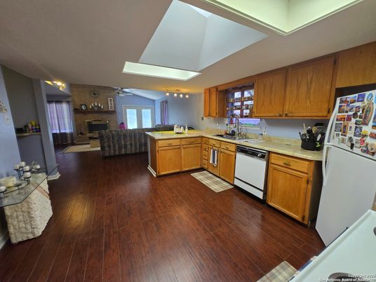 Fireplace, Interior, Kitchen, Living room, Stone Walls, Wood Texture Flooring