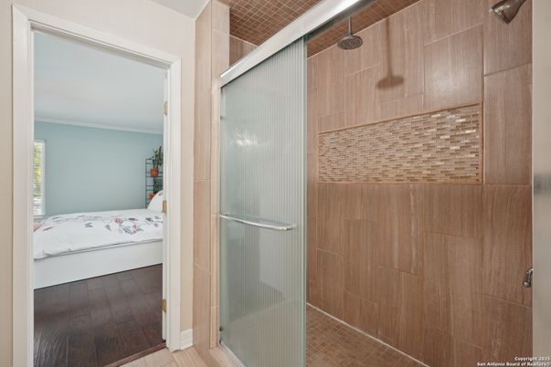 Bathroom, Bedroom, Glass Shower, Interior, Wood Texture Flooring