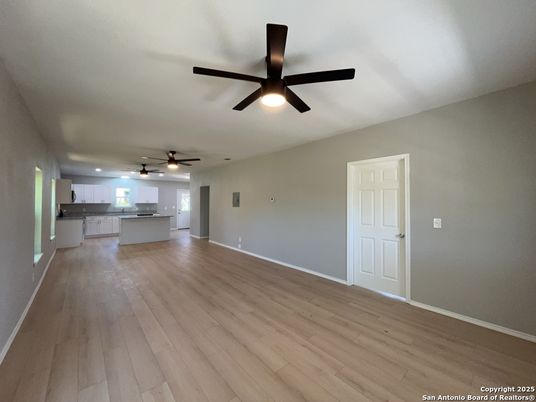 Empty room, Interior, Kitchen, Recessed Lighting, Wood Texture Flooring