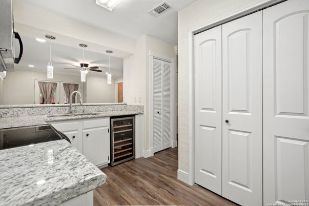 Interior, Kitchen, Pendant Lights, Recessed Lighting, Wood Texture Flooring