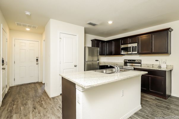 Interior, Kitchen, Recessed Lighting, Stainless Steel Appliances, Wood Texture Flooring