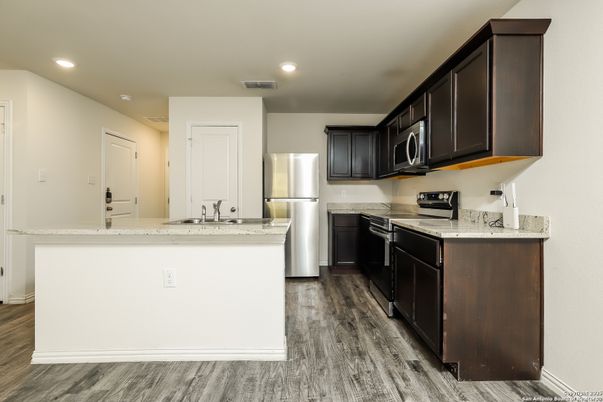 Interior, Kitchen, Recessed Lighting, Stainless Steel Appliances, Wood Texture Flooring