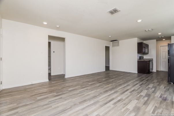 Empty room, Interior, Kitchen, Recessed Lighting, Wood Texture Flooring