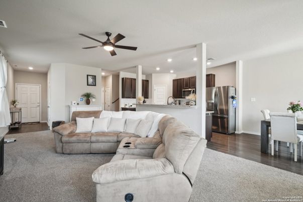 Dining room, Interior, Kitchen, Living room, Recessed Lighting, Stainless Steel Appliances, Wood Texture Flooring