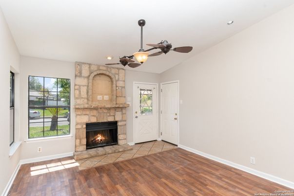 Empty room, Fireplace, Interior, Recessed Lighting, Wood Texture Flooring