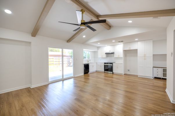 Empty room, Interior, Kitchen, Recessed Lighting, Wooden Beams, Wood Texture Flooring