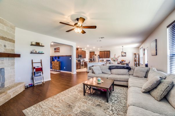 Fireplace, Interior, Kitchen, Living room, Pendant Lights, Recessed Lighting, Wood Texture Flooring