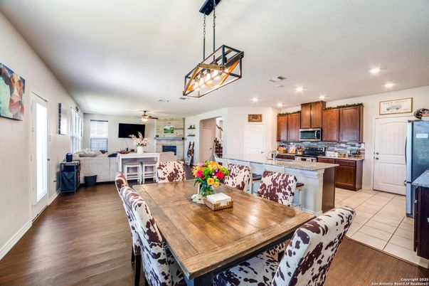 Dining room, Interior, Kitchen, Living room, Pendant Lights, Recessed Lighting, Wood Texture Flooring