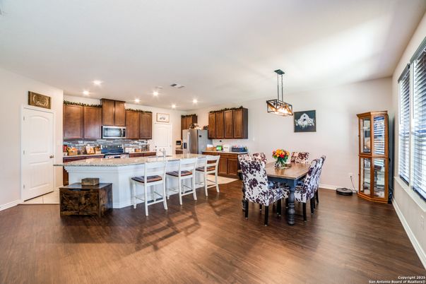 Dining room, Interior, Kitchen, Pendant Lights, Recessed Lighting, Wood Texture Flooring