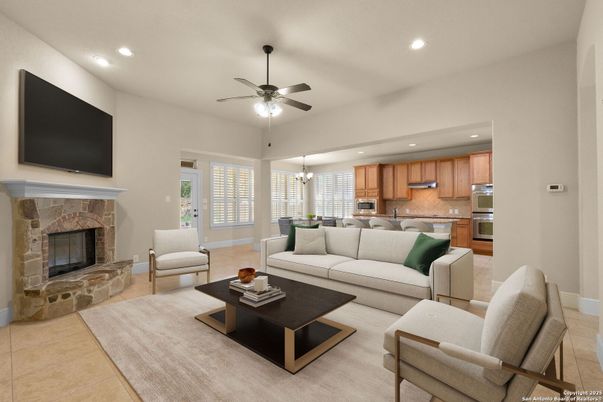 Dining room, Fireplace, Interior, Kitchen, Living room, Pendant Lights, Recessed Lighting, Stainless Steel Appliances