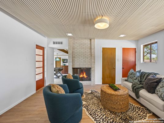 Fireplace, Interior, Living room, Stone Walls, Wood Texture Flooring