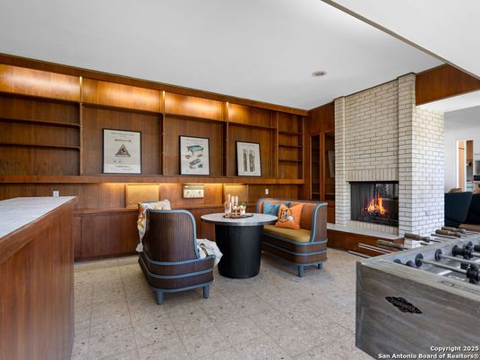 Fireplace, Interior, Living room, Recessed Lighting, Stone Walls, Wooden Walls