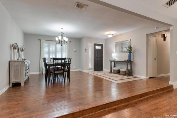 Chandelier, Dining room, Interior, Wood Texture Flooring