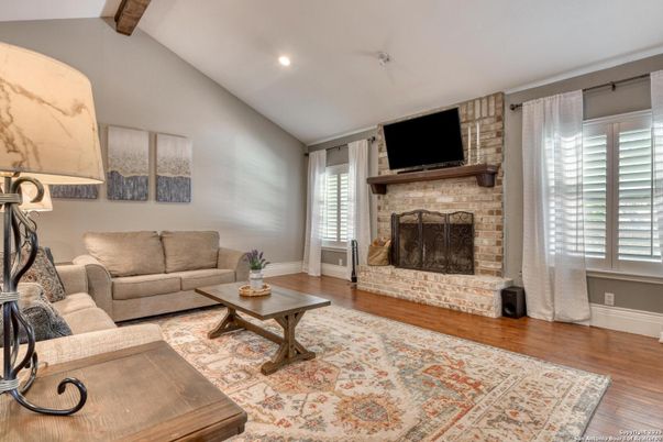 Fireplace, Interior, Living room, Recessed Lighting, Wooden Beams, Wood Texture Flooring