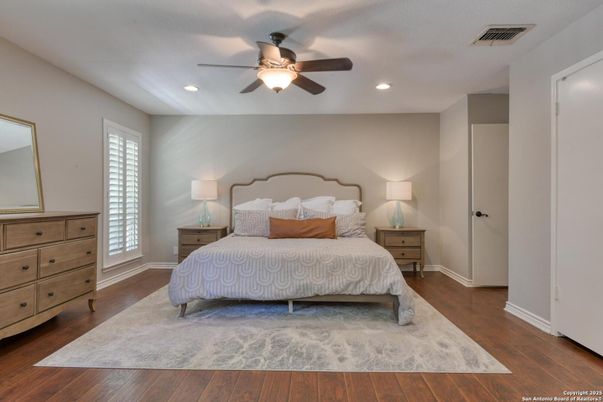 Bedroom, Interior, Recessed Lighting, Wood Texture Flooring