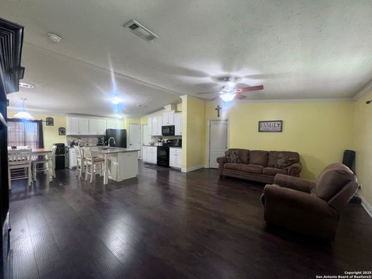 Dining room, Interior, Kitchen, Living room, Pendant Lights, Stainless Steel Appliances, Wood Texture Flooring