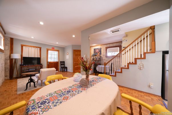 Dining room, Interior, Recessed Lighting, Wood Texture Flooring
