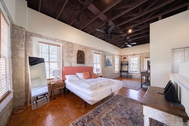 Bedroom, Fireplace, Interior, Stone Walls, Wood Texture Flooring