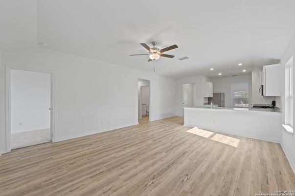 Empty room, Interior, Kitchen, Recessed Lighting, Wood Texture Flooring
