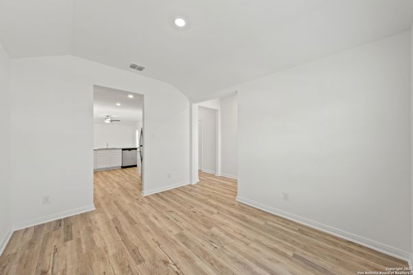 Empty room, Interior, Kitchen, Recessed Lighting, Wood Texture Flooring
