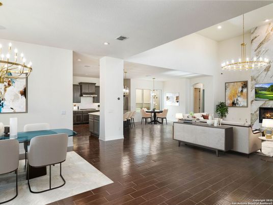 Chandelier, Dining room, Fireplace, Interior, Kitchen, Living room, Pendant Lights, Recessed Lighting, Wood Texture Flooring