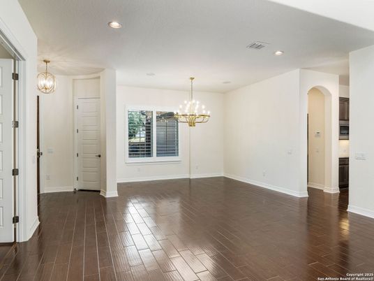 Chandelier, Empty room, Interior, Recessed Lighting, Wood Texture Flooring