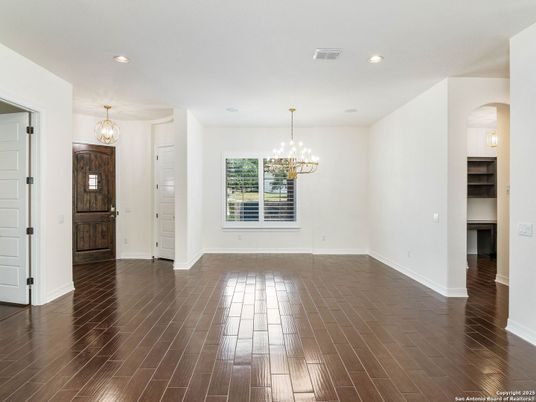 Chandelier, Empty room, Interior, Recessed Lighting, Wood Texture Flooring