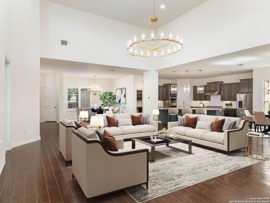 Chandelier, Dining room, Interior, Kitchen, Living room, Pendant Lights, Recessed Lighting, Stainless Steel Appliances, Wood Texture Flooring