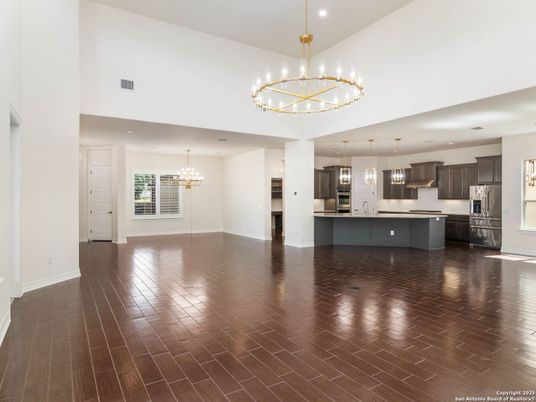 Chandelier, Interior, Kitchen, Pendant Lights, Recessed Lighting, Stainless Steel Appliances, Wood Texture Flooring