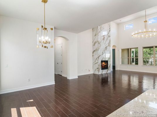 Empty room, Fireplace, Interior, Pendant Lights, Wood Texture Flooring
