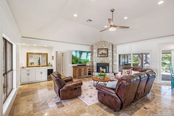 Fireplace, Interior, Living room, Recessed Lighting, Stone Walls