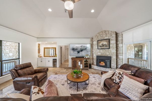 Fireplace, Interior, Living room, Recessed Lighting, Stone Walls