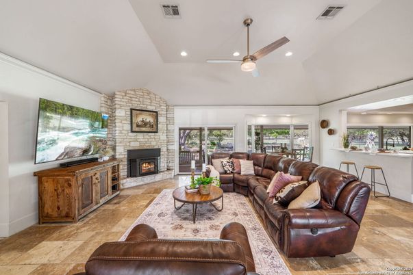 Fireplace, Interior, Living room, Recessed Lighting, Stone Walls